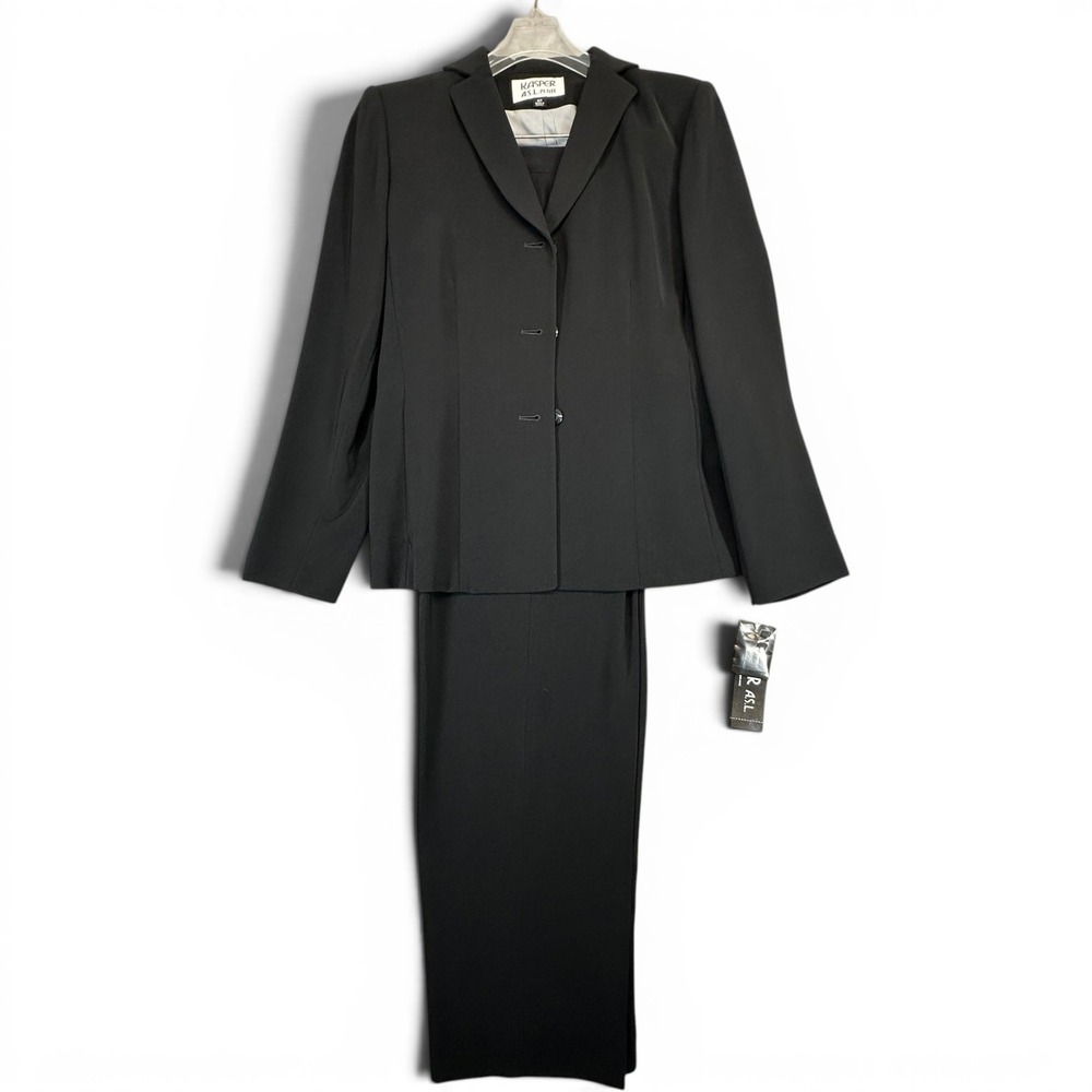 Kasper ASL Pant Suit Womens 6P Black Two Piece Blazer Pleated Trousers 70745P